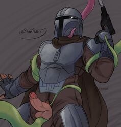 1boy armor aroused balls bara cape clothed clothes clothing cy_error_(artist) din_djarin dubious_consent english_text erection gloves green_tentacles gun helm helmet male male_focus male_only mandalorian mostly_clothed obscured_face penis penis_out pistol pubic_hair restrained simple_background star_wars struggling tentacle tentacle_on_male tentacles text the_mandalorian trapped veiny_penis