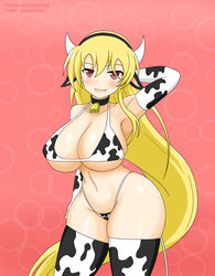 big_breasts blonde_hair cow_ears cow_girl cow_horns cow_print cowbell cowgirl curvy red_eyes senran_kagura senran_kagura_(series) souji_(senran_kagura) soulkibble thick_thighs