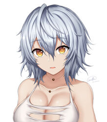 1girls bare_shoulders barettoarts breasts cleavage code_vein female female_focus female_only hair_between_eyes highres io_(code_vein) large_breasts looking_at_viewer necklace open_clothes open_mouth short_hair simple_background solo upper_body white_background white_hair white_skin yellow_eyes