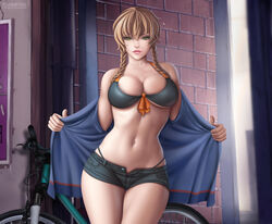 1girls amane_suzuha bicycle bikini_top brown_hair flowerxl g-string midriff open_jacket outdoors short_shorts shorts shortshorts steins;gate taking_clothes_off thong_above_shorts thong_straps twin_braids whale_tail