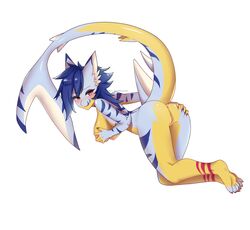 anthro ass axela blue_hair breasts digimon digimon_(species) exposed_breasts female fish gabumon glistening glistening_body glistening_skin grope hair hi_res inner_ear_fluff long_tail marine multicolored_body nails nipples non-mammal_breasts nude red_eyes shark solo tuft unknown_artist yellow_body yellow_skin