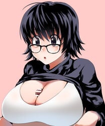 :o bangs black-framed_eyewear black_eyes black_hair black_sweater bra breasts clothes_lift echigoya_takeru emotionless expressionless female glasses hair_between_eyes hunter_x_hunter large_breasts long_sleeves paizuri penis pink_background shizuku_murasaki short_hair simple_background solo_focus straight sweater sweater_lift underwear white_bra