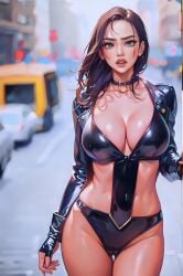 ai_generated anime_style anime_version blue_eyes cleavage dark_hair large_breasts latex latex_suit melia_bymbo original_character slave slave_collar slave_outfit slavegirl slut_walk