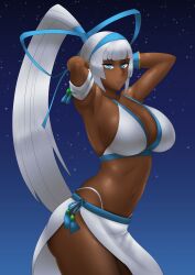 arms_up blue_eyes bra dark-skinned_female female female_focus majikina_mina night_sky ponytail samurai_shodown silver_hair snk usagiforehead