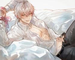 1boy belt blue_eyes cute fly_open male male_focus mystic_messenger pink_bow saeran_choi shirt_open smile submissive submissive_male submissive_top unbuckled_belt white_hair white_shirt wrists_tied