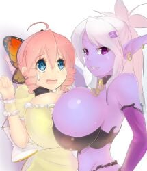 2girls arm_sleeves blue_eyes breast-to-breast breast_to_breast breasts butterfly_hair_ornament chocker dark_elf dark_elf_female earrings elf female female_focus female_only hair_clips hairclip hairclips large_breasts looking_at_viewer magister_(bigbakunyuu) manaworld necklace pink_hair purple_body purple_eyes sakuraba_himari syx white_hair