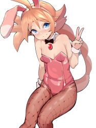 ahiru_(princess_tutu) ahoge bangs bare_shoulders blue_eyes blush braid bunny_ears bunnysuit cleavage collar collarbone covered_navel cuffs eyebrows eyelashes fake_animal_ears female fishnets freckles leotard long_hair looking_at_viewer necklace nondraw open_mouth orange_hair pantyhose peace_sign pendant pink_leotard playboy_bunny princess_tutu sitting small_breasts smile strapless_leotard thighs tights v v_sign