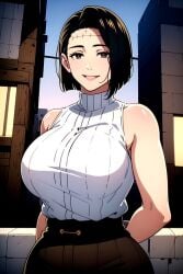 1girls ai_generated bare_shoulders big_breasts black_hair breasts brown_eyes female itadori_kaori jujutsu_kaisen kenjaku large_breasts looking_at_viewer scar shirt short_hair sleeveless