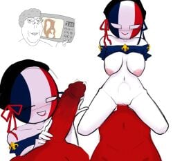 1boy 1girls belly_bulge belly_button beret big_breasts big_penis blue_clothing blue_ribbon boobs breasts breasts_out clothes_lift countryhumans countryhumans_girl dress dress_lift dress_shirt female fleur-de-lis france france_(countryhumans) french_flag grabbing hat lipstick male no_bra no_panties penetration penis penis_grab penis_in_pussy penis_on_face precum red_body red_ribbon ribbon sex shirt shirt_lift sleepserumm spain spain_(countryhumans) stomach_bulge straight vaginal vaginal_penetration white_body
