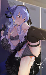 bangs beret black_headwear black_legwear black_skirt blue_choker blue_eyes blue_hair blue_nails blue_ribbon blush bow bra bracelet breasts breasts_out censored choker collarbone cum cum_in_pussy cum_inside cum_string earrings eyebrows_visible_through_hair female frills gloves grey_bra grey_panties hair_between_eyes hair_ribbon hat hcz_n highres hololive hololive_gen_0 hololive_japan hoshimachi_suisei indoors jewelry locker long_hair long_sleeves mosaic_censoring nipples one_eye_closed open_clothes open_shirt panties panties_aside partially_fingerless_gloves plaid plaid_bra plaid_panties pussy pussy_juice ribbon side_ponytail single_thighhigh skirt small_breasts solo spread_legs star_(symbol) star_earrings star_in_eye straight symbol_commentary symbol_in_eye thigh_strap thighhighs underwear virtual_youtuber