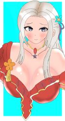 1girls alternate_costume baningu_bureivu bare_shoulders blue_background blush breasts collarbone edelgard_von_hresvelg edelgard_von_hresvelg_(summer) female female_only fire_emblem fire_emblem:_three_houses fire_emblem_heroes grey_hair large_breasts long_hair looking_at_viewer necklace nintendo official_alternate_costume one-piece_swimsuit red_one-piece_swimsuit red_swimsuit shoulders smile solo swimsuit upper_body