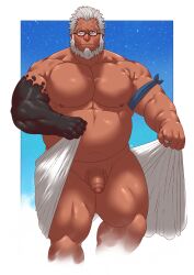 amatsumara_(tokyo_afterschool_summoners) balls bara beard facial_hair flaccid glasses grey_hair male male_only musclegut muscles muscular nude penis scar scar_across_eye solo solo_male tokyo_afterschool_summoners topi5356