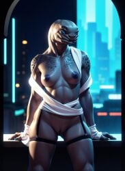 ai_generated alien anthro black_nipples blue_eyes breasts clothed clothing cyberpunk female female_sangheili genitals grey_body halo_(series) hi_res looking_at_viewer marcus64 navel night nipples partially_clothed pussy sangheili sangussy solo standing white_clothing