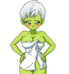 1girls alien alien_girl alternate_version_available breasts busty cheelai curvy dragon_ball dragon_ball_super eye_contact eyelashes female green-skinned_female green_body green_nipples green_skin huge_areolae huge_breasts humanoid looking_at_viewer mostly_clothed_female pink_eyes short_hair smile transparent_background voluptuous white_hair yamamoto_doujin