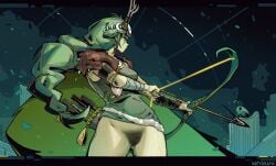 absurdres antlers artemis_(hades) bottomless bow_(weapon) colored_skin deer_antlers facepaint female female_pubic_hair fur-trimmed_jacket fur_trim green_hair green_skin hades_(game) hair_ornament highres jacket long_hair low-tied_long_hair no_panties notsorapoi pubic_hair quiver sweat weapon