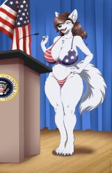 1girls american_flag american_flag_bikini anthro belly_button big_breasts big_tail bikini brown_hair busty canid canine chest_tuft cleavage curtains deep_cleavage detailed_background digitigrade digitigrade_anthro ear_tuft edith_vaughn female female_only flag front_view furniture furry furry_only green_eyes hand_on_hip long_hair looking_at_viewer mammal mature_female microphone midriff milf oc oc_only open_mouth politician politics president sharp_teeth solo solo_female standing stars_and_stripes swimsuit thighs tommysamash united_states_of_america white_fur wolf