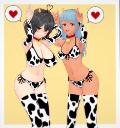 2girls black_hair blue_hair blush cow_bell cow_bikini cow_print dark-skinned_female fredd horns_gesture koikatsu lechera masterlasheron multiple_girls original tagme white_skin yellow_eyes