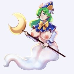 1girls areolae barely_clothed big_breasts breasts dungeontoaster ghost ghost_girl ghost_tail green_eyes green_hair hat holding_staff light-skinned_female mima nipples pink_nipples pointy_ears pussy_hair sharp_teeth solo solo_female spirit staff touhou touhou_(pc-98) upper_body white_background