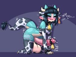 bell big_ass big_balls big_penis black_hair blue_(limebreaker) blush closed_eyes cow_girl cow_horns cow_print cow_tail cowgirl_position embarrassed_futa futanari limebreaker lizard_girl lizard_tail open_mouth original precum small_breasts text throbbing_penis