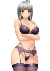 1girls big_breasts black_bra black_panties bra busty cleavage confident crossed_arms female female_only garter_straps grey_hair hips kanna_albeecht large_breasts legs lingerie long_hair looking_at_viewer navel pose purple_bra red_eyes seductive seductive_smile sensual solo stockings thighs thong yukino_memories zel-sama