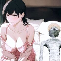 after_sex ai_generated alien alien_boy bed big_breasts black_hair blush chainsaw_man dark_hair denji_(chainsaw_man) funny guy_tired_after_sex_(meme) mexico_alien mitaka_asa post_sex tailwag underwear