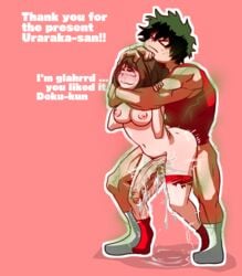 1boy 1girls after_sex ahe_gao big_penis breasts brown_hair cum cum_in_pussy cum_on_penis green_hair huge_cock izuku_midoriya large_penis muscular muscular_male my_hero_academia ochako_uraraka pussy_juice pussy_juice_puddle scar squirting standing standing_sex trembling wellllll