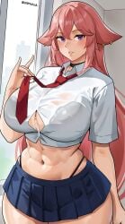 1girls abs breasts cleavage cromwellb cum cum_between_breasts female female_focus female_only fox_ears fox_girl genshin_impact hi_res hips huge_breasts kitsune long_hair pink_hair purple_eyes school_uniform schoolgirl solo solo_female solo_focus thick_thighs thighs wide_hips yae_miko