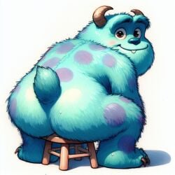 1:1 1boy ai_generated ass bing_image_creator blue_fur brown_eyes chair disney fang fur gay horns male male_only monsters_inc pixar purple_spots self_upload simple_background sitting smiling solo spotted_fur sulley sweatdrop tagme tail two_tone_fur white_background