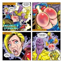 1boy 1girls angry ass avengers avengers:_endgame bare_ass big_ass blonde_hair captain_marvel carol_danvers crying female forced highres human humiliation infinity_gauntlet light-skinned_female light_skin male maledom marvel muscular_male pants_down purple-skinned_male purple_skin red_ass short_hair spank_marks spanked spanking tears thanos tim_phillips violence