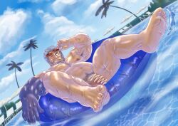 amatsumara_(tokyo_afterschool_summoners) balls bara censored_penis facial_hair flaccid genta_iwayama grey_hair male male_focus male_only musclegut muscles muscular nude penis pool pool_float scar scar_across_eye solo solo_male sunglasses sunglasses_on_head tokyo_afterschool_summoners water wet