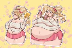 1girls arm_stockings ass_expansion bbw belly_expansion big_ass big_belly big_breasts big_thighs blonde_hair breast_expansion candy colorful_background coupon fat light-skinned_female long_hair navel overweight pink_skirt pop-tarts poptart sile2011 sleeveless_shirt sweets tagme twintails weight_gain white_shirt