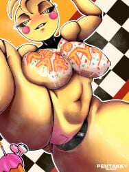 1girls animatronic big_breasts female female_only five_nights_at_freddy's five_nights_at_freddy's_2 large_breasts looking_at_viewer navel open_clothes paint penpen_(artist) solo solo_female solo_focus thick_thighs thighs toy_chica_(fnaf) wide_hips yellow_body yellow_skin