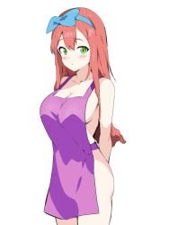 1girls ai_generated apron apron_only ass blush green_eyes headband long_hair nervous nervous_face nude nude_apron nude_female pink_hair purple_apron red_hair robe stylish_apollo stylist_(terraria) terraria white_background white_bod