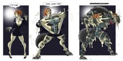 1girl anthro claws cleavage corruption female furry high_heels huge_ass huge_breasts human_to_anthro johnnyharadrim nipples office_lady orange_hair skin_split species_transformation thick_thighs transformation transformation_sequence werewolf wide_hips