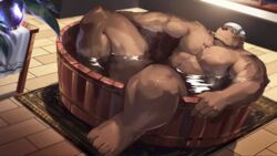 16:9 abs anthro bathing beek:_familiar_spirit biceps body_hair brown_body brown_fur fur hi_res male mammal muscular muscular_anthro muscular_male nipples nude scar smile solo ursid veeph video_games widescreen