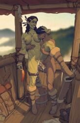 1boy 1girls breast_sucking cum cum_inside female guiltymerchant human human_male larger_female light-skinned_male light_skin male male/female muscular_female orc orc_female penetration sex standing_sex vaginal vaginal_penetration