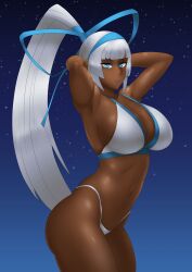 arms_up blue_eyes dark-skinned_female female female_focus majikina_mina night_sky panties ponytail samurai_shodown silver_hair usagiforehead