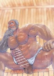 amatsumara_(tokyo_afterschool_summoners) balls bara big_penis blush boner censored_penis erection facial_hair genta_iwayama grey_hair male male_only musclegut muscles muscular penis sauna scar scar_across_eye sitting solo solo_male spread_legs sweat sweating tokyo_afterschool_summoners towel towel_around_waist