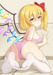 1girls akasaka_sato ass ass_focus blonde_hair blush bra bubble_butt feet female female_only flandre_scarlet kneeling looking_at_viewer looking_back panties red_eyes smile solo thighhighs thighs touhou