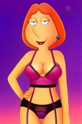 ai_generated cleavage family_guy female halfaslime hand_on_hip lingerie lois_griffin looking_at_viewer simple_background smiling solo