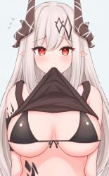 arknights bare_shoulders bikini black_bikini blush breasts clothes_in_mouth clothes_lift female grey_background grey_hair hair_ornament highres large_breasts looking_at_viewer mouth_hold mudrock_(arknights) mudrock_(elite_ii)_(arknights) pointy_ears red_eyes risshu shirt_in_mouth shirt_lift sideboob simple_background sleeveless solo swimsuit underboob upper_body