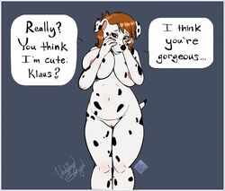 2019 5_fingers anthro areola bashful big_breasts black_nose black_spots blush breast_squish breasts canid canine canis chubby_female covering_nipples dalmatian dialogue domestic_dog english_text female fingers fur genitals hair hand_on_face mammal monika_(klausd) navel nude pink_areola pussy red_hair shy simple_background slightly_chubby solo speech_bubble spots spotted_body spotted_fur squish standing text undyingsong white_body white_fur