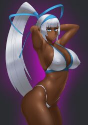 arms_up blue_eyes dark-skinned_female female female_focus majikina_mina nipples_visible_through_clothing ponytail purple_background samurai_shodown silver_hair snk usagiforehead