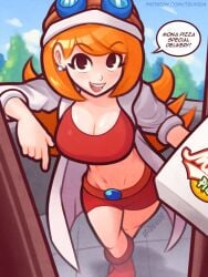 biker_clothes breasts coat fur_coat hat mona_(warioware) nintendo orange_hair pizza pizza_box pizza_delivery tsuvida warioware