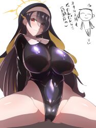 1girls big_breasts black_hair huge_breasts latex latex_suit latex_swimsuit men_teru nun red_eyes thick_thighs