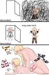 1boy aether_(genshin_impact) ass blonde_hair blood_related braid brother_and_sister chibi comic earrings female genshin_impact hair_between_eyes heart heart-shaped_pupils holding incest kurodahlia18 long_hair looking_back looking_down lumine_(genshin_impact) lying medium_breasts meme nude omg_hi! on_floor on_stomach prone_bone sex short_hair siblings simple_background smile straight sweat talking talking_to_another tongue tongue_out twincest twins yellow_eyes