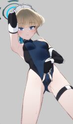 blonde_hair blue_archive blue_eyes blue_leotard blush breasts cleaning_&_clearing_(blue_archive) elbow_gloves expressionless female fingerless_gloves from_below gloves halo leotard looking_at_viewer maid_headdress millennium_science_school_student pussy short_hair small_breasts solo spread_pussy_under_clothes thigh_strap toki_(blue_archive) u0w0v v
