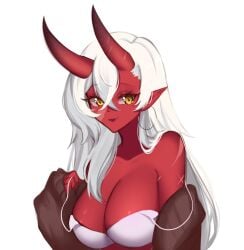 akumi breasts female horns oni oni_horns red_skin scars virtual_youtuber vyugen white_hair yellow_eyes