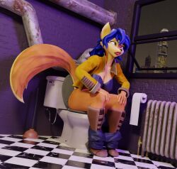 anthro bathroom bathroom-art_(artist) blue_hair bottomwear bottomwear_down breasts canid canine canis carmelita_fox casual city city_background cityscape clothed clothing feces female fox fur hair mammal nude pants pants_down partially_clothed pipes plunger scat sly_cooper_(series) solo sony_corporation sony_interactive_entertainment sucker_punch_productions tail toilet toilet_paper topwear warfare_machine window