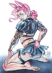 1boy ass bunny_boy bunny_ear bunny_tail clothed crop_top crossdressing facing_away femboy freckles jojo's_bizarre_adventure leather looking_back male_only midriff miniskirt no_panties on_knees pink_hair ponytail puffy_sleeves see-through see-through_clothing skimpy solo_male tattoo thigh_belt trap upskirt vento_aureo vinegar_doppio